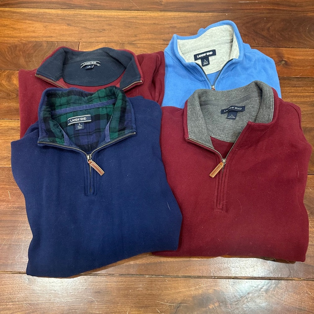 Lot of 4 Lands Ends Mens Sweaters Large Quarter Zip Cotton Knit Popover Casual